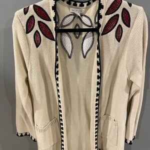 Love Riche long cream colored embroidered cardigan with pockets -M